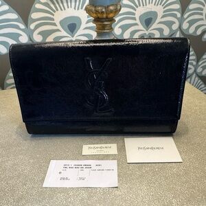 Saint Laurent YSL 2012 Sac de Jour Clutch Large Logo Navy Blue Patent Leather
